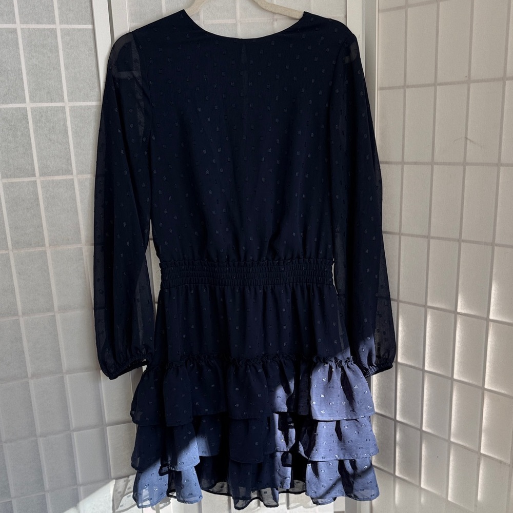 Express Clip Dot Tiered Smocked Waist Navy Dress
